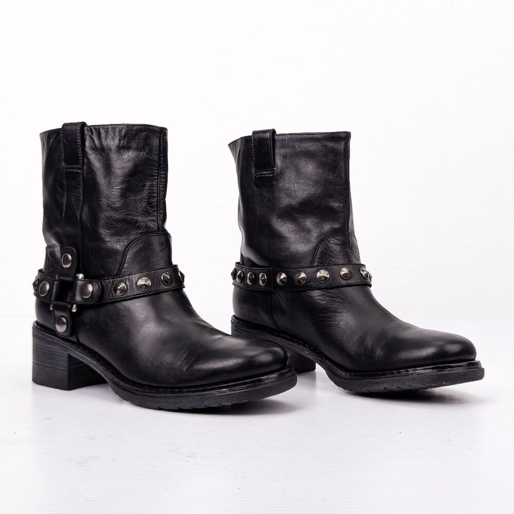 Janet Sport Women Guid Black Leather Studded Harness Ankle Boots sz 7US EUR 37